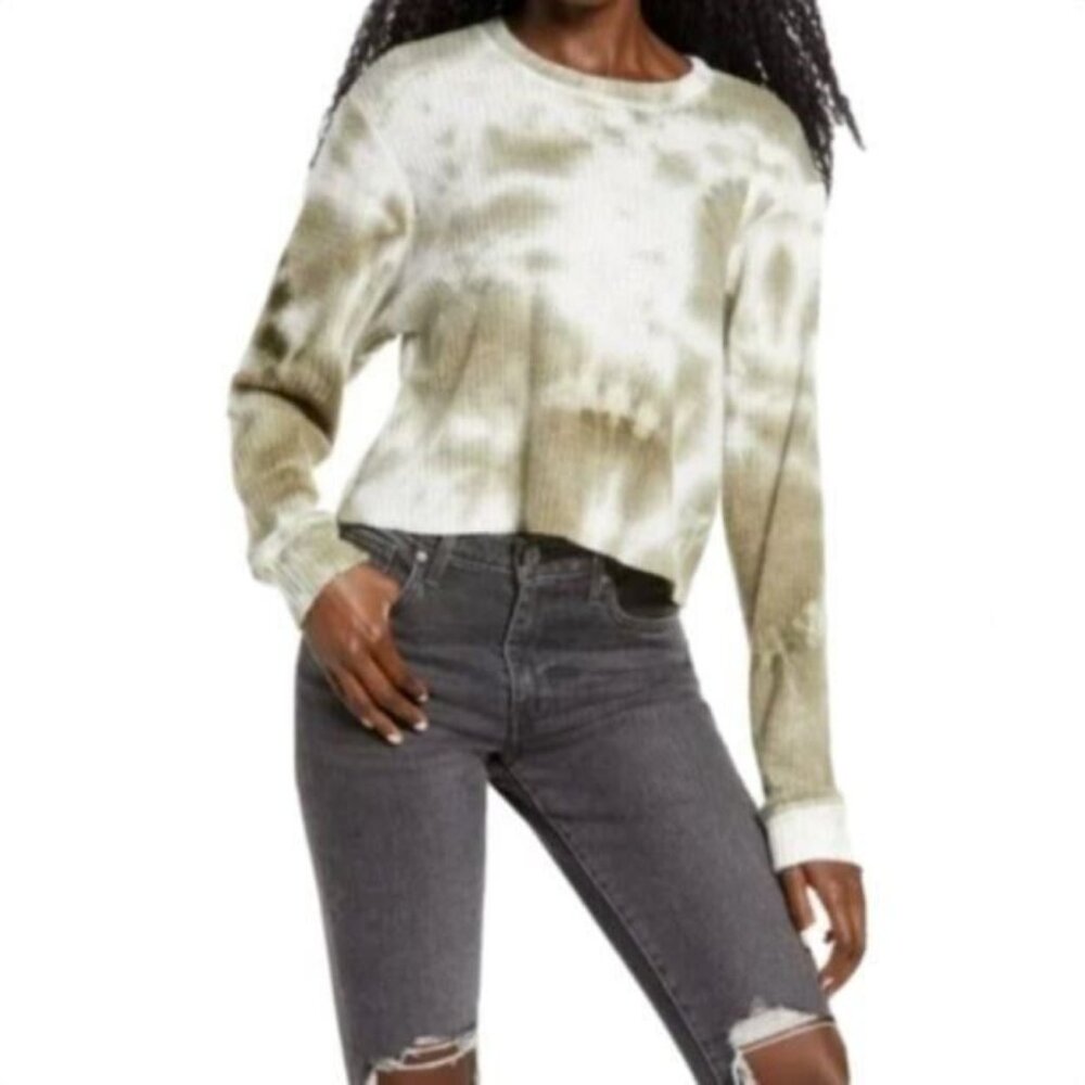 La La Land Creative Co Womens Top Tie Dye Waffle Knit Crop Green L/S Size L NEW